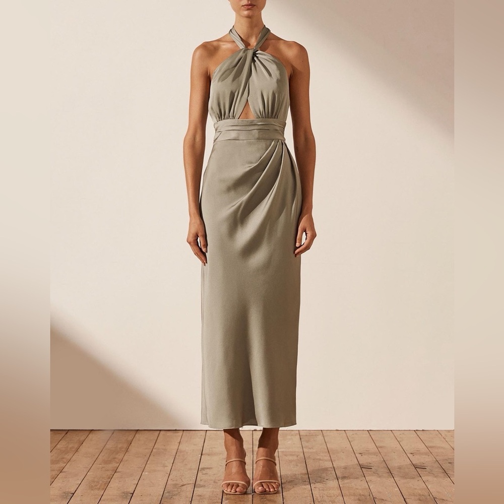 Shona Joy Luxe Gathered Halter Midi Dress Nwt